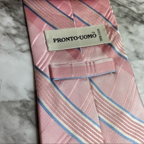 Pronto-Uomo 100% Silk Stripe Pink Tie 4" - Picture 5 of 7